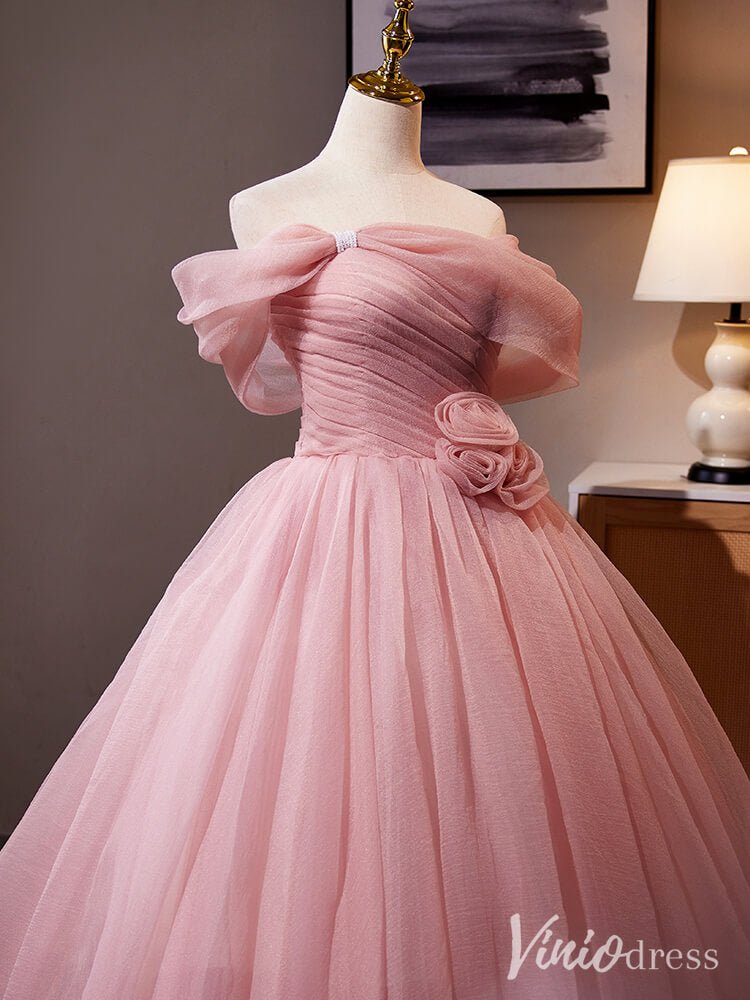Pink Off the Shoulder Rosette Prom Ball Gown Pleated Tulle Quinceanera Dress AD1315-Quinceanera Dresses 2025 -Viniodress-Pink-Custom Size-
