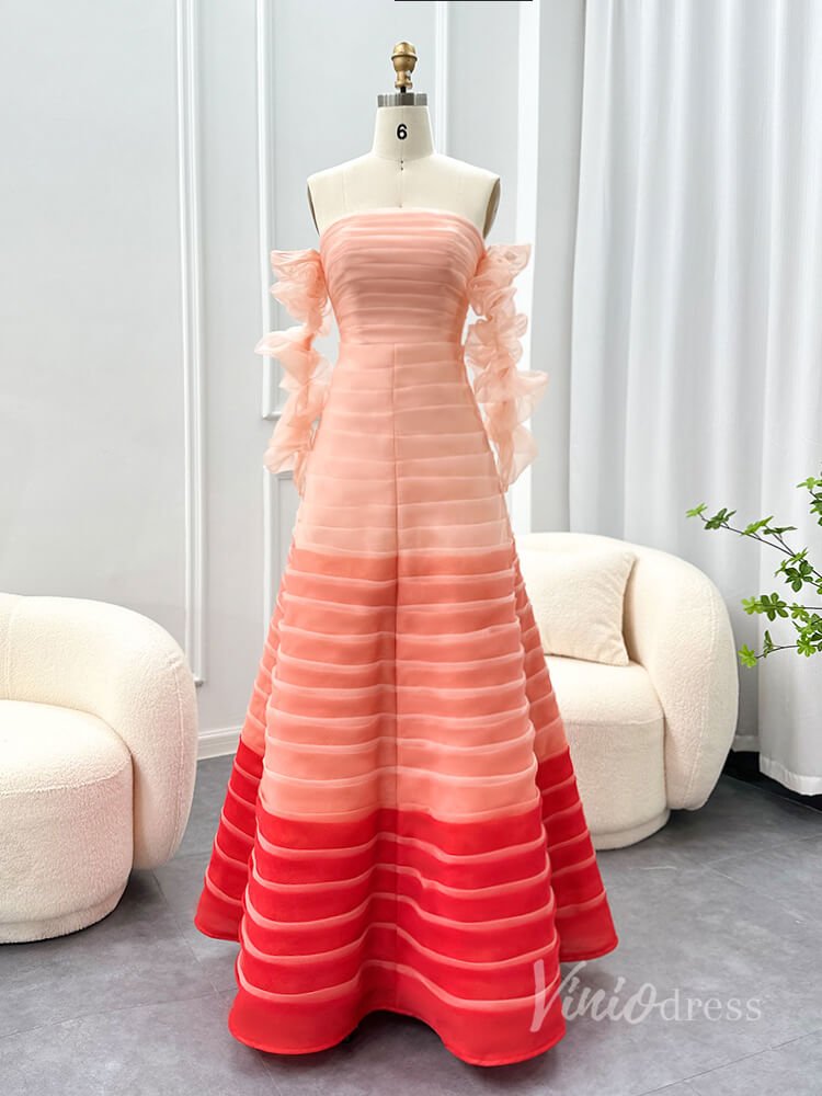 Pink Off the Shoulder Ruched Prom Dresses Long Sleeve Formal Dress AD1181-prom dresses 2025 -Viniodress-Pink-US 2-