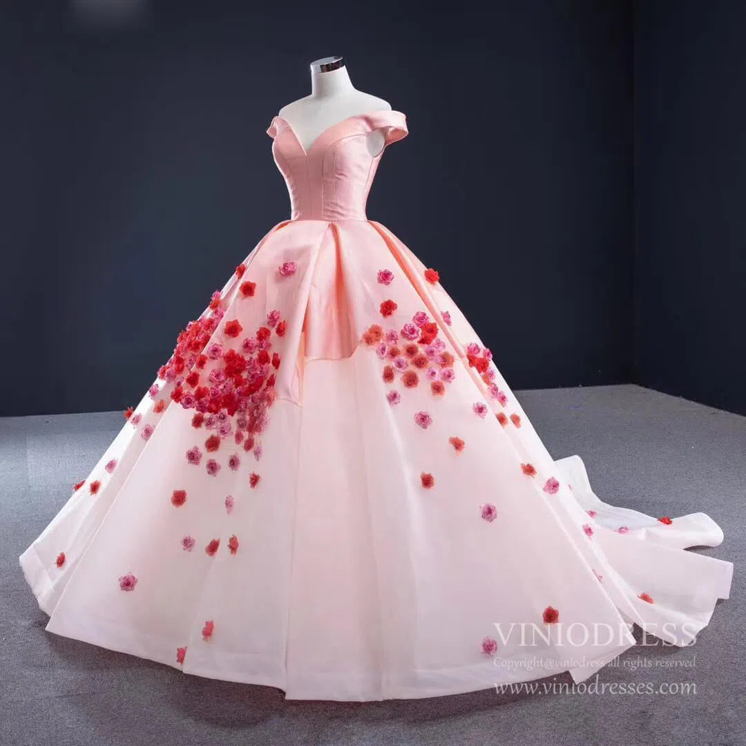 Pink Ombre Ball Gown Quince Dresses Red 3D Flower, Off the Shoulder Princess Dress FD1142-prom dresses 2025 -Viniodress-Pink-US 2-