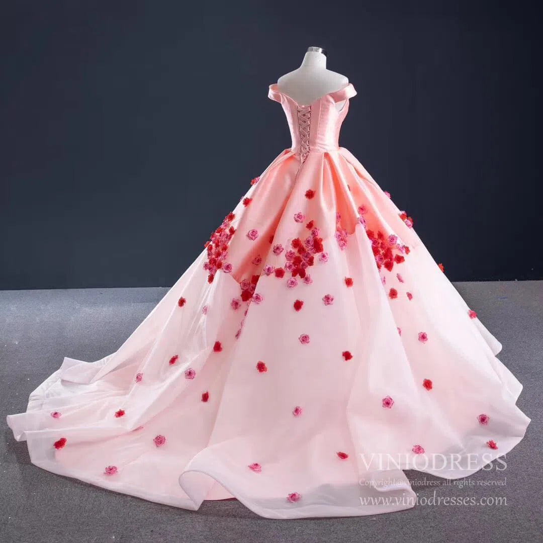 Pink Ombre Ball Gown Quince Dresses Red 3D Flower, Off the Shoulder Princess Dress FD1142-prom dresses 2025 -Viniodress-Pink-US 2-