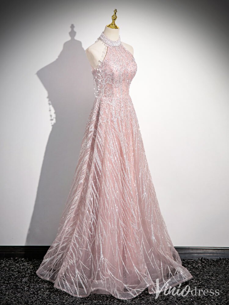 Pink Pearl Halter Neck Prom Dresses Sparkly Lace Evening Dress AD1338-prom dresses 2025 -Viniodress-Pink-Custom Size-