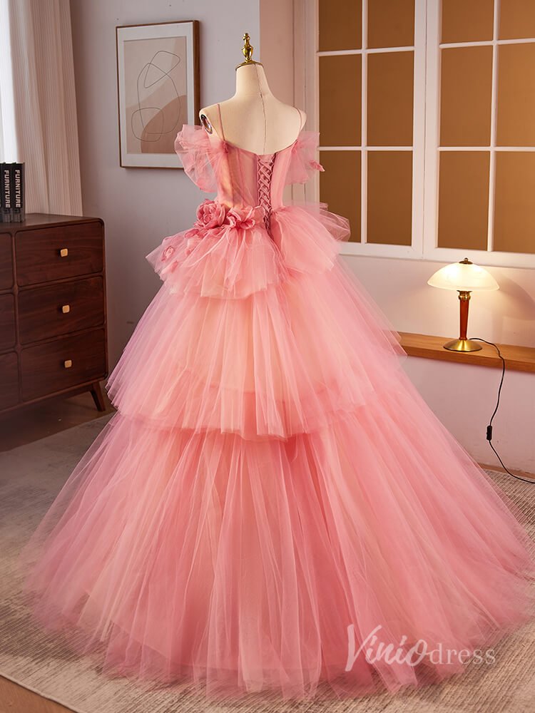 Pink Pleated Tiered Rosette Prom Dresses Spaghetti Strap Puffed Sleeve 90025-prom dresses 2025 -Viniodress-Pink-Custom Size-