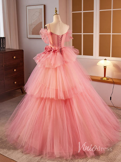 Pink Pleated Tiered Rosette Prom Dresses Spaghetti Strap Puffed Sleeve 90025-prom dresses 2025 -Viniodress-Pink-Custom Size-