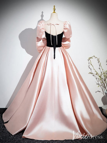 Pink Puffed Sleeve Bow-Tie Prom Dresses Satin Formal Dress AD1343-prom dresses 2025 -Viniodress-Pink-Custom Size-