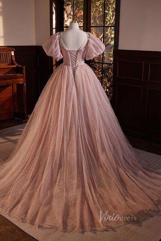 Pink Puffed Sleeve Quinceanera Dresses Beaded Lace Ball Gown AD1053-prom dresses 2025 -Viniodress-Pink-Custom Size-