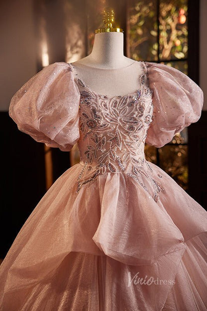 Pink Puffed Sleeve Quinceanera Dresses Beaded Lace Ball Gown AD1053-prom dresses 2025 -Viniodress-Pink-Custom Size-