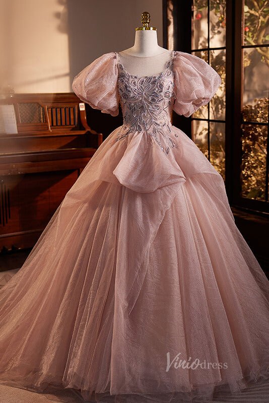 Pink Puffed Sleeve Quinceanera Dresses Beaded Lace Ball Gown AD1053-prom dresses 2025 -Viniodress-Pink-Custom Size-