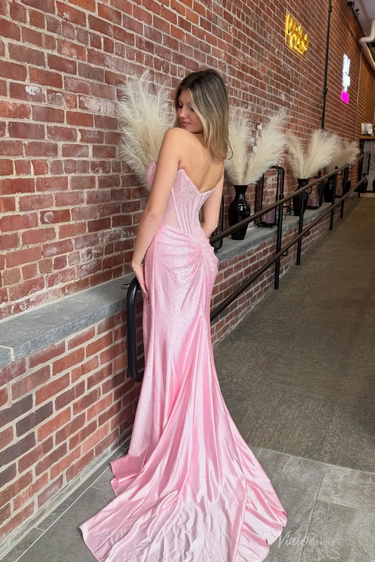 Pink Rhinestone Corset Mermaid Prom Dress with Slit – SS163 – Viniodress