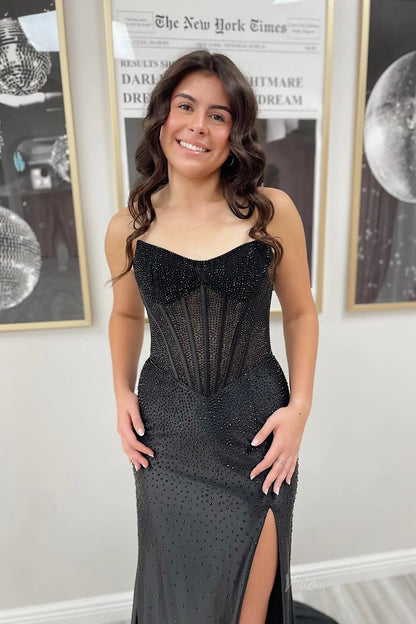 Pink Rhinestone Mermaid Prom Dress with Strapless Sweetheart Corset, Sheer Boning & High Slit – SS163-Prom Dresses 2026-Viniodress-Black-Custom Size – Add Measurements in Cart-