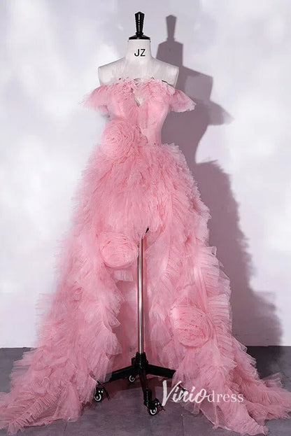 Pink Ruffled Off the Shoulder Prom Dresses with High Slit AD1007-prom dresses 2025 -Viniodress-Pink-Custom Size-