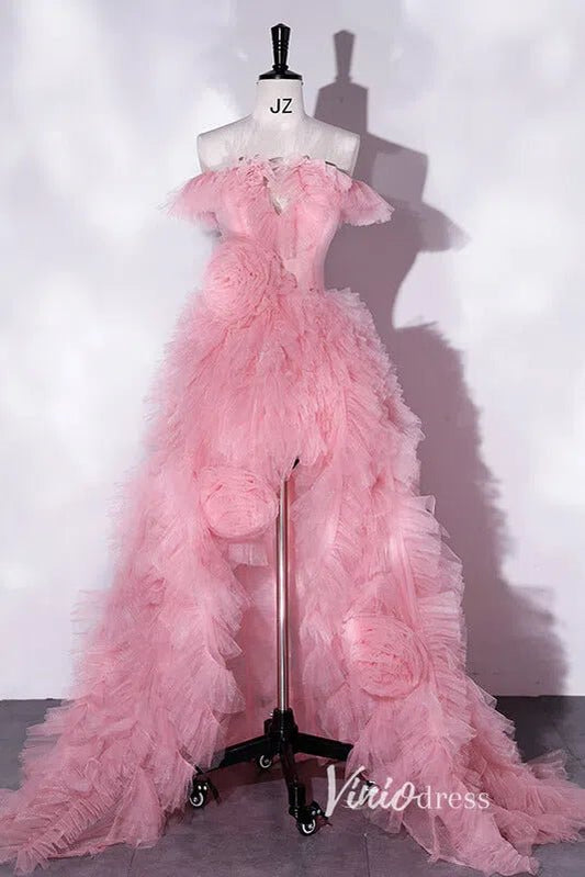 Pink Ruffled Off the Shoulder Prom Dresses with High Slit AD1007-prom dresses 2025 -Viniodress-Pink-Custom Size-