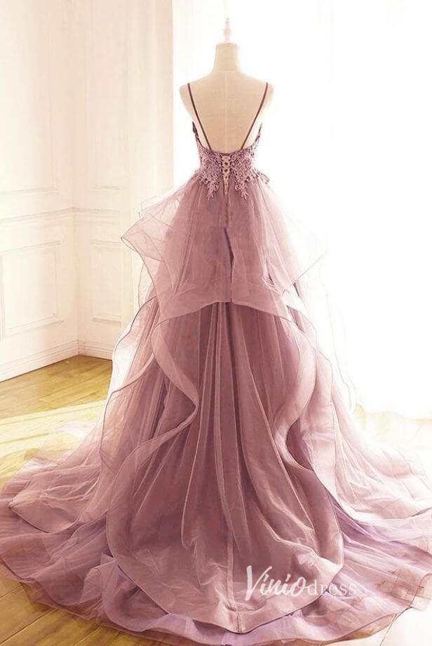 Pink Ruffled Prom Dresses Lace Appliqued Formal Gown FD3325-prom dresses 2025 -Viniodress-Dusty Rose-Custom Size-