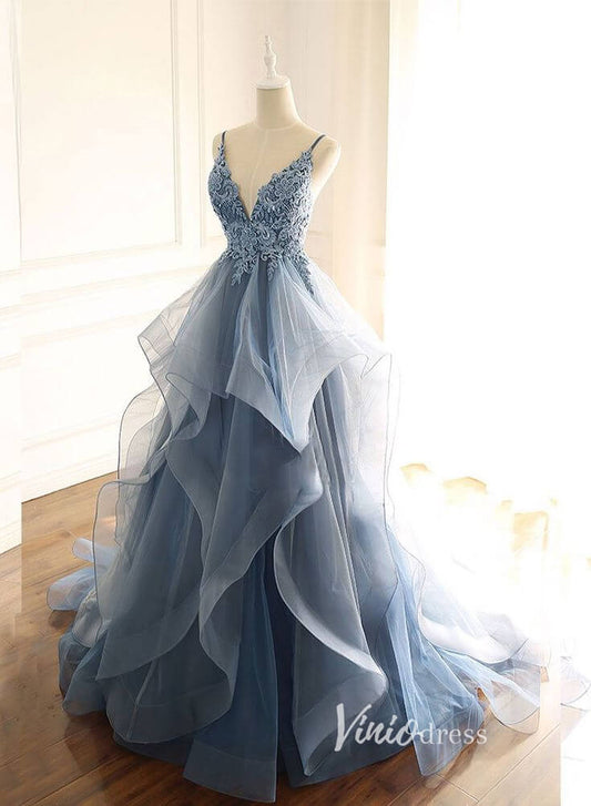 Pink Ruffled Prom Dresses Lace Appliqued Formal Gown FD3325-prom dresses 2025 -Viniodress-Dusty Blue-Custom Size-