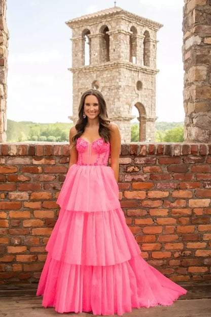 Pink Ruffled Prom Dresses with Sheer Corset Tiered Tulle Skirt Spaghetti Straps RF160-prom dresses 2026-Viniodress-Pink-Custom Size-