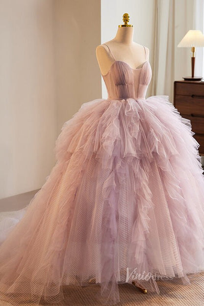 Pink Ruffled Quinceanera Dresses Spaghetti Strap Ball Gown AD1099-Quinceanera Dresses 2025 -Viniodress-Pink-Custom Size-