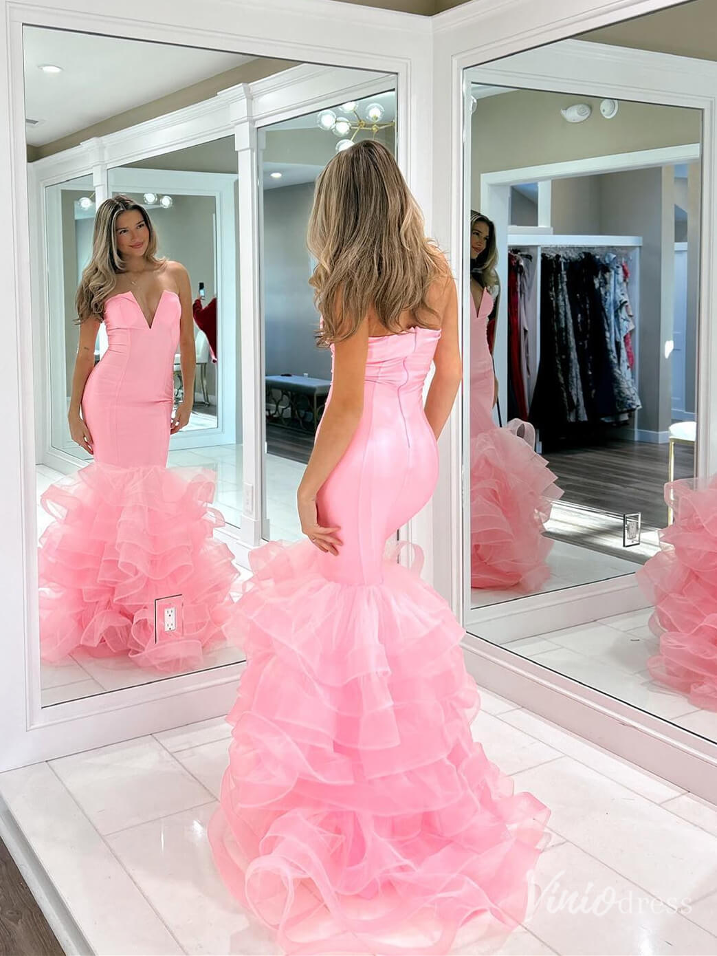 pink prom dress with ruffles Tulle Tiered Princess A-line V-neck dresses, Long Formal Dress, MP800 inviting admiration without uttering a word Glitter Lace Appliques Ruffle Tiered