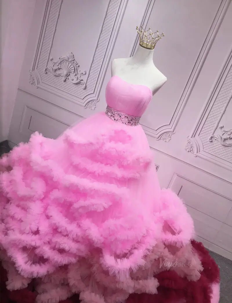Pink Ruffled Tiered Quinceanera Dresses Strapless Gorgeous Prom Dresses SU051-prom dresses 2025 -Viniodress-Pink-Custom Size-