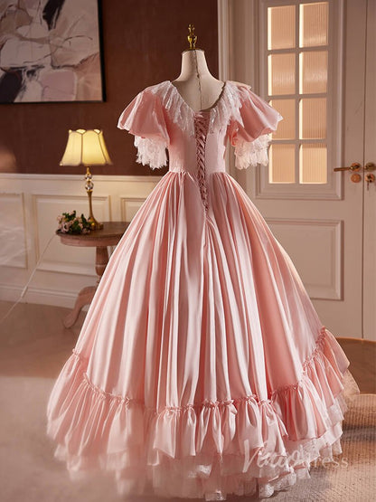 Pink Satin Lace Prom Dresses Puffed Sleeve Bow-Tie Quinceanera Dress 90058-prom dresses 2025 -Viniodress-Pink-Custom Size-