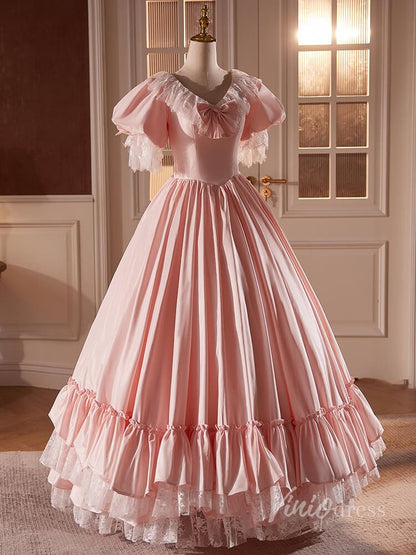 Pink Satin Lace Prom Dresses Puffed Sleeve Bow-Tie Quinceanera Dress 90058-prom dresses 2025 -Viniodress-Pink-Custom Size-