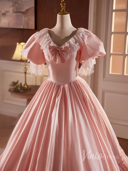 Pink Satin Lace Prom Dresses Puffed Sleeve Bow-Tie Quinceanera Dress 90058-prom dresses 2025 -Viniodress-Pink-Custom Size-