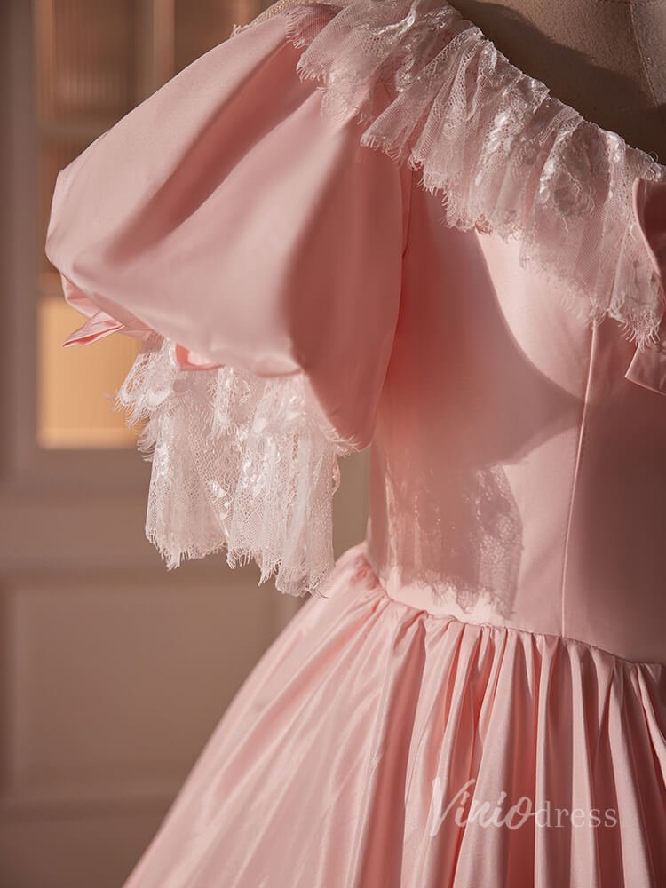 Pink Satin Lace Prom Dresses Puffed Sleeve Bow-Tie Quinceanera Dress 90058-prom dresses 2025 -Viniodress-Pink-Custom Size-