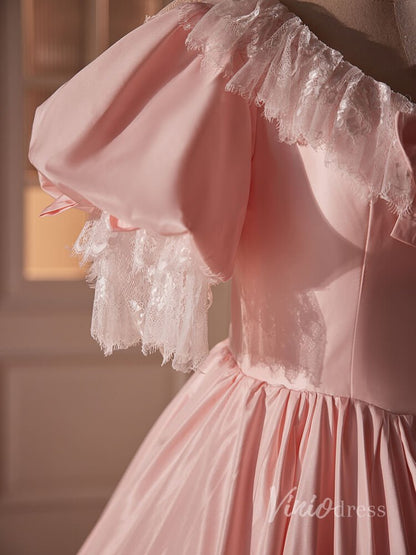 Pink Satin Lace Prom Dresses Puffed Sleeve Bow-Tie Quinceanera Dress 90058-prom dresses 2025 -Viniodress-Pink-Custom Size-