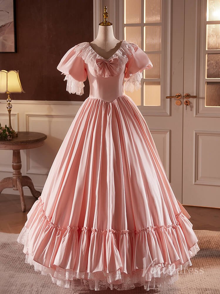Pink Satin Lace Prom Dresses Puffed Sleeve Bow-Tie Quinceanera Dress 90058-prom dresses 2025 -Viniodress-Pink-Custom Size-