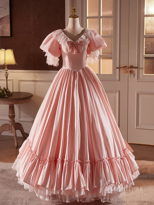 Pink Satin Lace Prom Dresses Puffed Sleeve Bow-Tie Quinceanera Dress 90058-prom dresses 2025 -Viniodress-Pink-Custom Size-