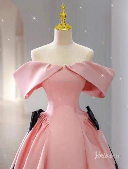 Pink Satin Off the Shouler Prom Dresses Bow Tie Formal Gown BG083-prom dresses 2025 -Viniodress-Pink-Custom Size-