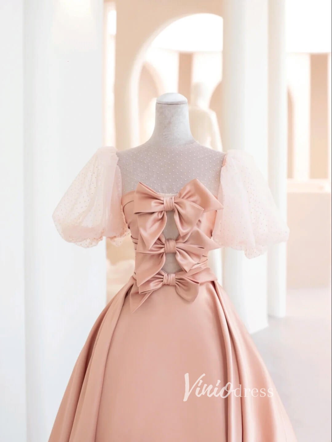 Pink Satin Prom Dresses Puffed Sleeve Formal Gown FD3435-prom dresses 2025 -Viniodress-Pink-Custom Size-