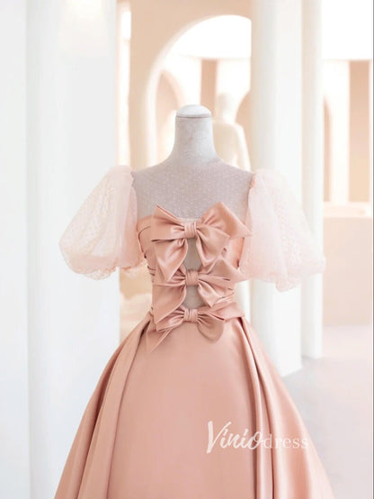 Pink Satin Prom Dresses Puffed Sleeve Formal Gown FD3435-prom dresses 2025 -Viniodress-Pink-Custom Size-