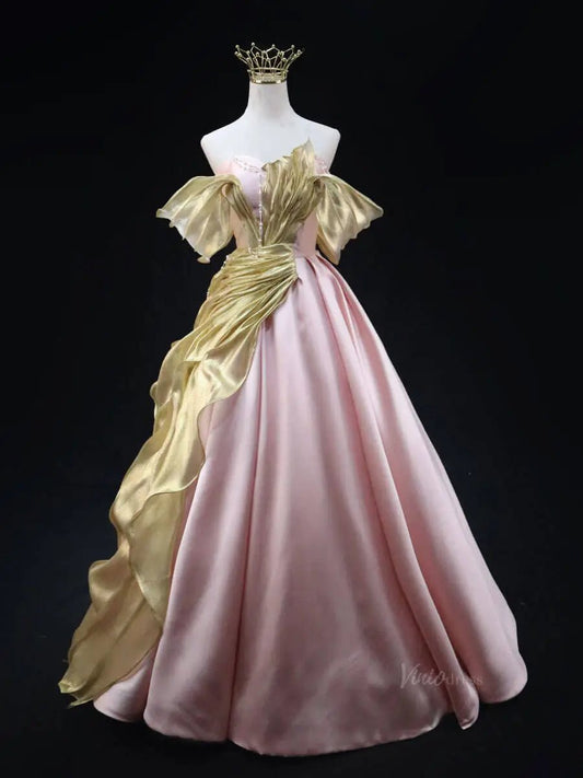 Pink Satin Prom Dresses with Overlay, Sweetheart Neck, Strapless Quinceanera Dresses SU046-prom dresses 2025 -Viniodress-Pink-Custom Size-