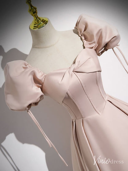Pink Satin Puffed Sleeve Prom Dresses Off the Shoulder Formal Gown FD2313-prom dresses 2025 -Viniodress-Pink-Custom Size-