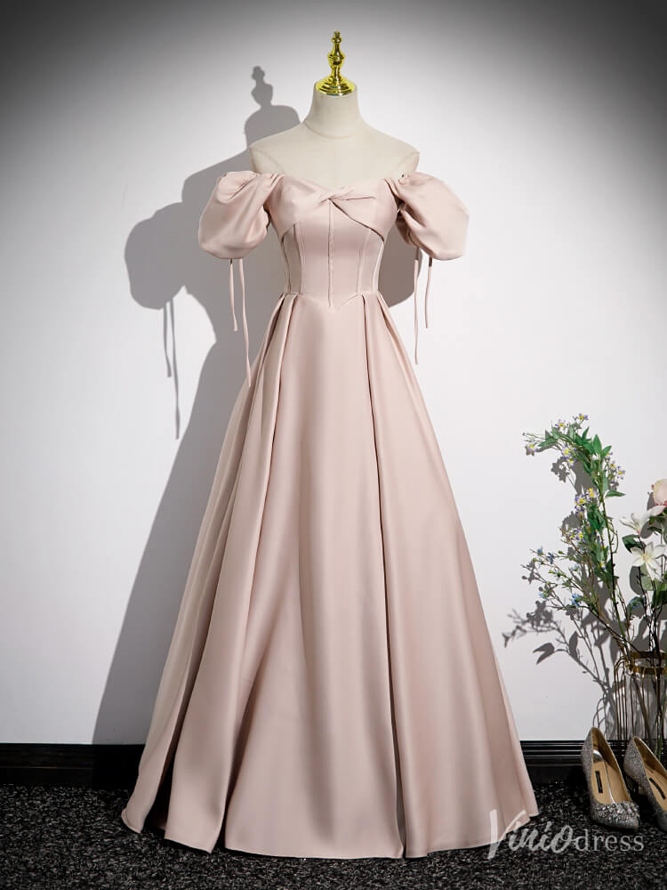 Pink Satin Puffed Sleeve Prom Dresses Off the Shoulder Formal Gown FD2313-prom dresses 2025 -Viniodress-Pink-Custom Size-