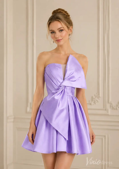 Lavender satin strapless short dress with a dramatic draped bow-knot waist and pleated fit-and-flare skirt.
