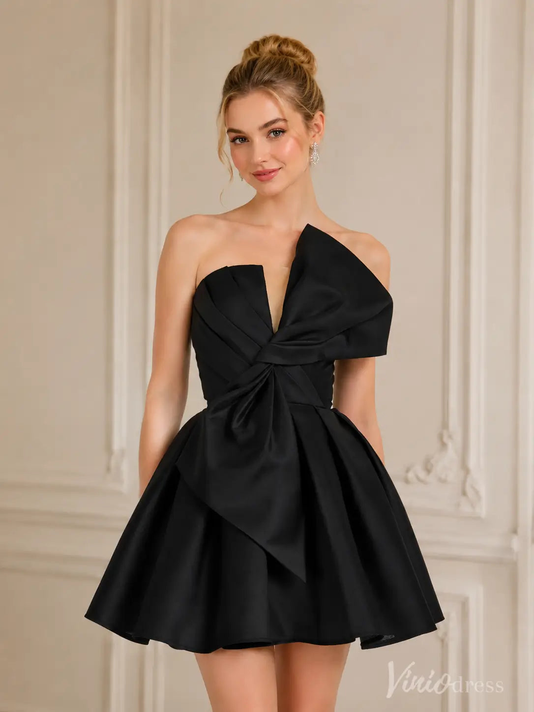 Hot Pink Draped Bow Strapless Homecoming Dress – HS009 – Viniodress