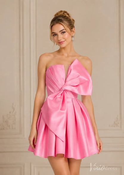 Hot Pink Draped Bow Strapless Homecoming Dress – HS009 – Viniodress