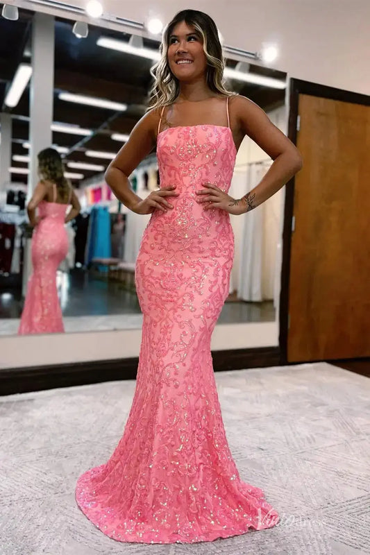 Pink Sequin Embroidered Prom Dress with Square Neckline and Spaghetti Straps – FD5199-prom dresses 2025 -Viniodress-Pink-Custom Size-