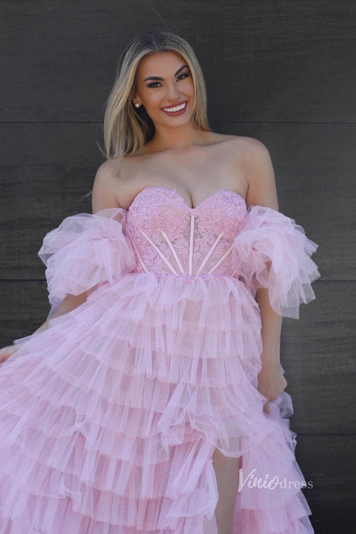 Pink Sheer Lace Applique Ruffled Prom Dresses with Slit Removable Puffed Sleeve FD3999-prom dresses 2025 -Viniodress-Pink-Custom Size-