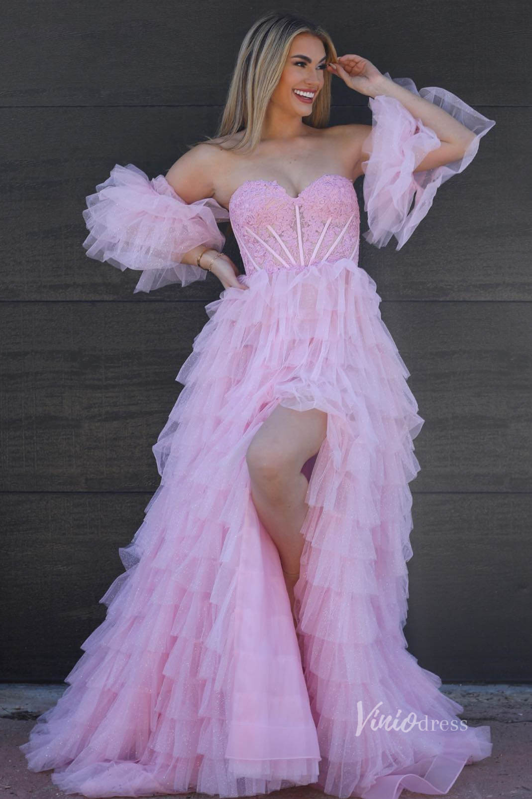 Pink Sheer Lace Applique Ruffled Prom Dresses with Slit Removable Puffed Sleeve FD3999-prom dresses 2025 -Viniodress-Pink-Custom Size-