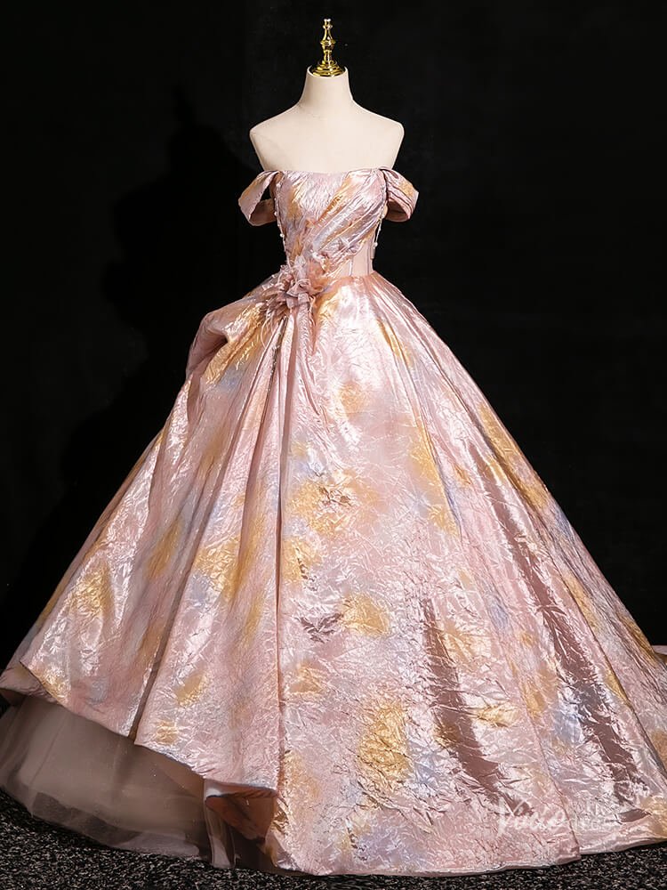 Pink Shimmering Off the Shoulder Prom Ball Gown Floral Pleated Quinceanera Dresses BG003-prom dresses 2025 -Viniodress-Pink-Custom Size-