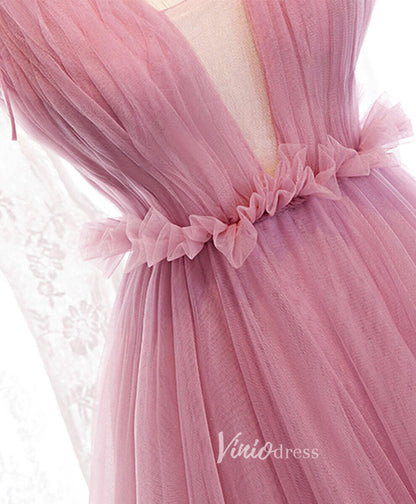 Pink Spaghetti Strap Prom Dresses Plunging V-Neck Pleated Evening Dress FD3165-prom dresses 2025 -Viniodress-Pink-Custom Size-