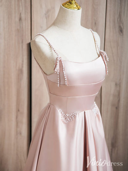 Pink Spaghetti Strap Prom Dresses Smooth Satin Pearl Formal Gown AD1377-prom dresses 2025 -Viniodress-Pink-Custom Size-