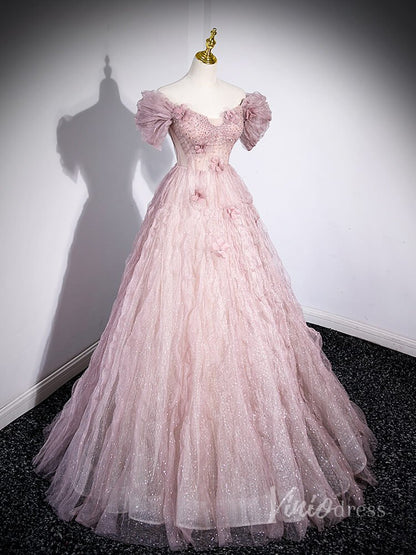 Pink Sparkly Beaded Pleated Tulle Prom Dresses 3D Flower Off the Shoulder 90023-prom dresses 2025 -Viniodress-Pink-Custom Size-