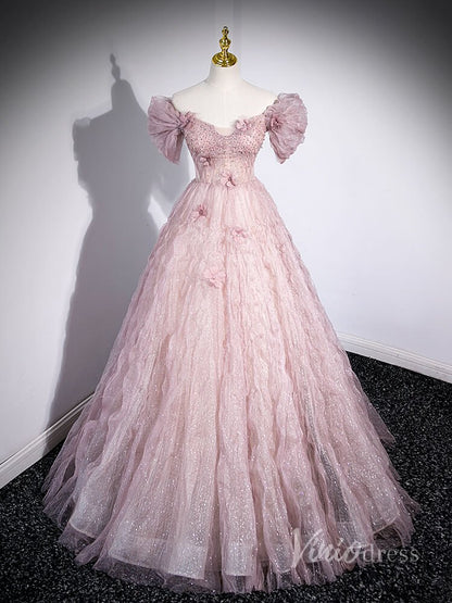 Pink Sparkly Beaded Pleated Tulle Prom Dresses 3D Flower Off the Shoulder 90023-prom dresses 2025 -Viniodress-Pink-Custom Size-