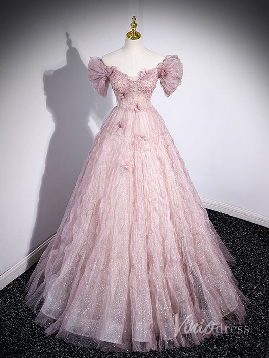 Pink Sparkly Beaded Pleated Tulle Prom Dresses 3D Flower Off the Shoulder 90023-prom dresses 2025 -Viniodress-Pink-Custom Size-