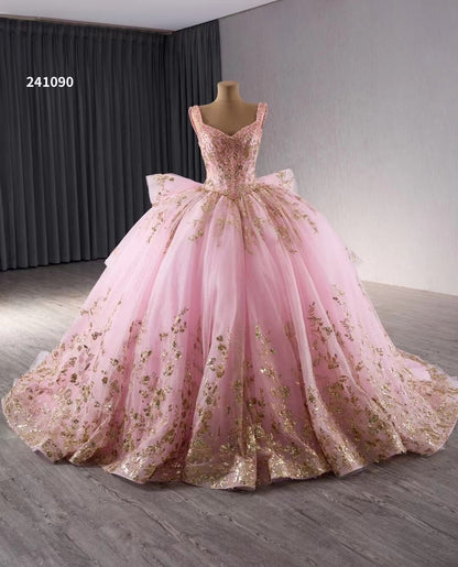 Pink Sparkly Lace Applique Beaded Wedding Gowns Tiered Layered Quince Dress 241090-Quinceanera Dresses 2025 -Viniodress-Pink-Custom Size-