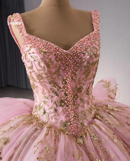 Pink Sparkly Lace Applique Beaded Wedding Gowns Tiered Layered Quince Dress 241090-Quinceanera Dresses 2025 -Viniodress-Pink-Custom Size-