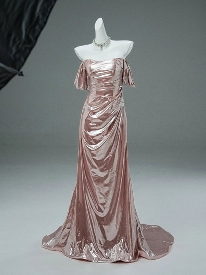 Pink Sparkly Satin Prom Dresses Off the Shoulder Formal Dress - CQ0122-Couture Gown 2025 -Viniodress-Pink-Custom Size-