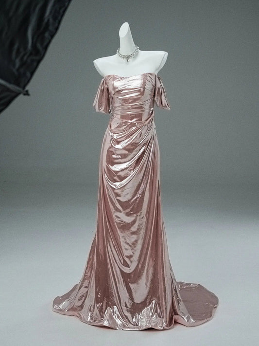 Pink Sparkly Satin Prom Dresses Off the Shoulder Formal Dress - CQ0122-Couture Gown 2025 -Viniodress-Pink-Custom Size-